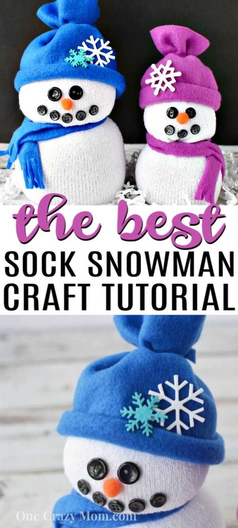 You will love learning how to make sock crafts! Find out how to make a snowman made out of socks with rice for kids. This DIY easy Sock Snowman craft with hats is so cute and simple to make!  Everyone in the family will love this winter no sew craft! #onecrazymom #sockcrafts #socksnowman Snowman Made Out Of Socks And Rice, Sock Santa Craft, Tube Sock Snowman For Kids, Sock Hats For Snowmen, Sick Snowman Craft, Sock Snowmen With Rice Diy, Snowman Hats To Make, Snowman Socks Diy, Snowman Rice Sock