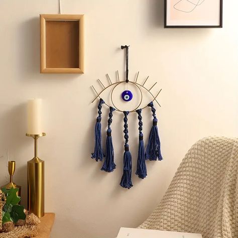 1pc Boho Klein Blue Devils Eye Handwoven Rope Knot Tassel Hanging Ornament Home Room Living Room Bedroom Bathroom Decor Pendant Home Decor Room Decor Holiday Decor | Shop On Temu And start Saving | Temu Evil Eye Room Decor, Evil Eye Room, Eye Dream Catcher, Dream Catcher Materials, Macrame Wall Hanging Decor, Aztec Decor, Witch Room Decor, Feng Shui Bedroom, Boho Macrame Wall Hanging