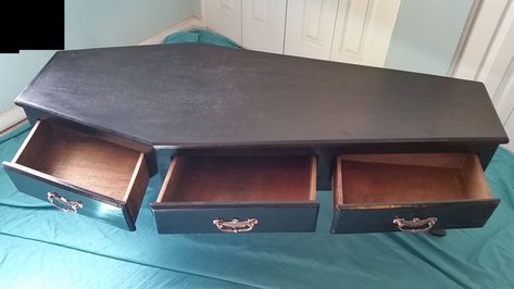 Coffin Coffee Table w/ Three Drawers Goth Organization, Casket Furniture, Coffin Table, Coffin Coffee Tables, Goth Stuff, Gothic Furniture, Goth Home, Goth Home Decor, Dark Home