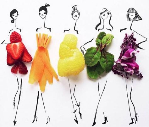 Fashion Illustrations made with fruits and vegetables by Gretchen Röehrs Drawing Eyes, Colorful Fruit, Dress Sketches, Japan Design, Fashion Illustrator, Drawing Tutorials, Pics Art, Food Illustrations, Food Coloring