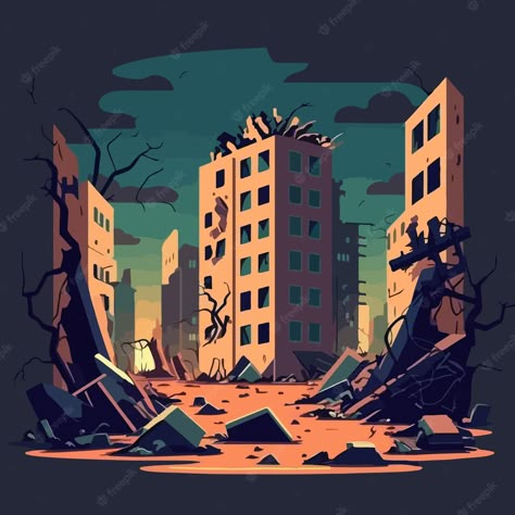 Premium Vector | Destroyed city after earthquake or war in flat cartoon style vector illustration Destroyed City Art, Destroyed City Drawing, Cartoon City Background, City Background Drawing, City Vector Art, Destroyed City, Illustration Building, Illustration City, Background City