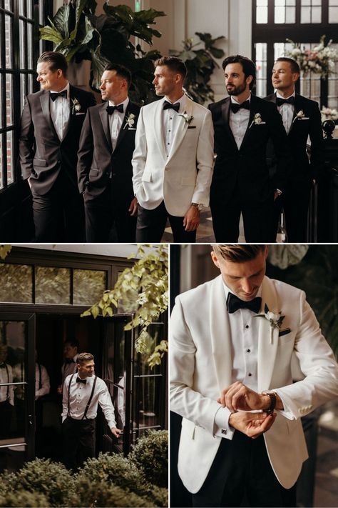 Groom Style Black, Moody Editing, Groomsmen Wedding Photos, Wedding Groomsmen Attire, Groom And Groomsmen Suits, Black And White Wedding Theme, Wedding Tux, Groom Wedding Attire, Groomsmen Outfits