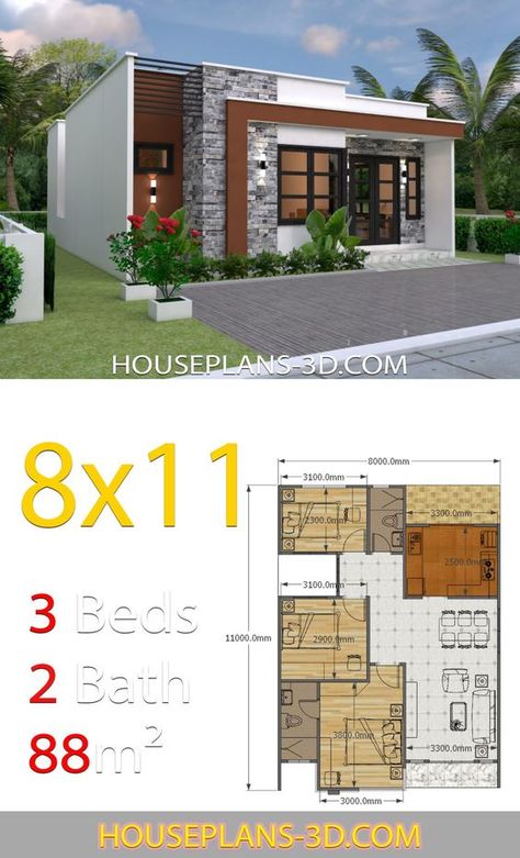 House Plans 10x18 With 3 Bedrooms Full Plans - SamHousePlans Small House Layout Plans 3 Bedroom, Small House Plans 3 Bedroom Simple Open Floor, 3 Bedroom Modern Bungalow House Plans, 3bedroom House Plans Modern Bungalow, Small Three Bedroom House Plans, Three Bedroom House Plan Simple, Three Bedroom House Plans Modern, Ground Floor House Design, House Plans 3d