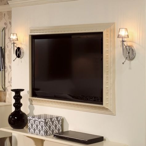 diy tv frame, this was my inspiration. But they go for $239. my frame cost $27.99 at Target, a 20 by 30 size. But I had to paint it to compliment my decor. Console Decor, Tv Frames, Tv Ideas, Bedroom Tv, Flat Screen Tv, Tv Mount, Tv Frame, Design Del Prodotto, Noble House