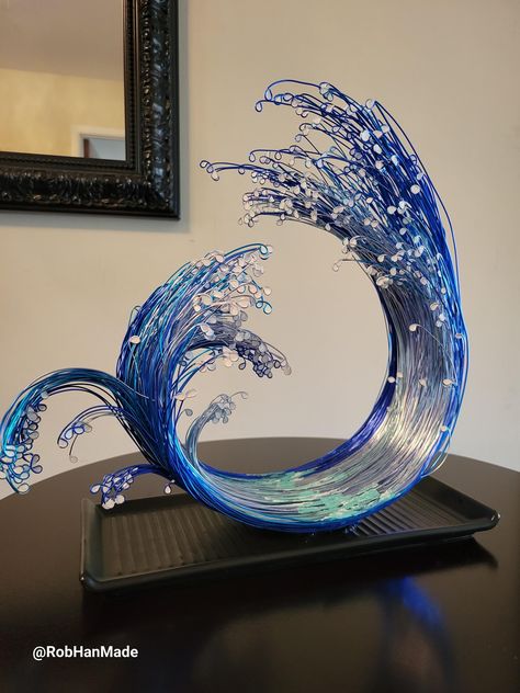 Hand made ocean wave sculpture made with colored aluminum wires. **Please message me regarding this art piece. It is On Hold for client.** Wave Sculpture, Water Sculpture, Wire Ideas, Ocean Room, Acrylic Sculpture, Wire Art Sculpture, Wire Wrapped Jewelry Tutorials, Driftwood Sculpture, Art And Craft Videos