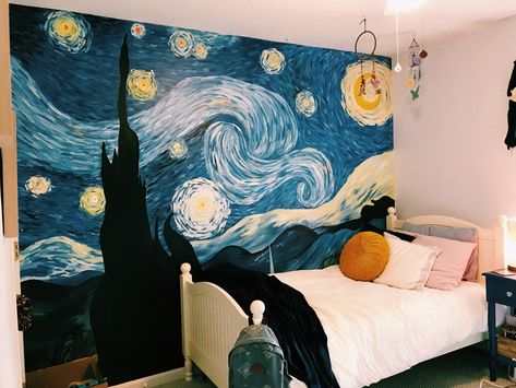 starry night wall -katie st. laurent🌼✨🌞🌎🌻 vsco: katiesaintl Starry Night Mural Bedrooms, Starry Night Painting On Wall, Starry Night Parking Spot, Starry Night Room Decor, Starry Night Wall Painting, Starry Night Mural, Bedroom Mural Ideas Paint, Starry Night Room, Starry Night Bedroom