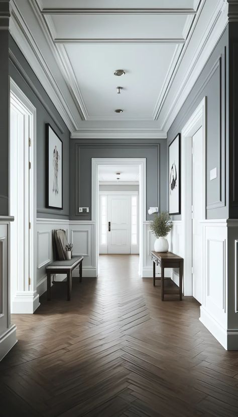 9 Gorgeous Gray Hallway Ideas » HomeQly.com Gray Hallway Ideas, Grey Hallway Ideas, Gray Hallway, Old Dining Room, Hallway Paint Colors, Hallway Pictures, Grey Hallway, Hallway Paint, Victorian Hallway