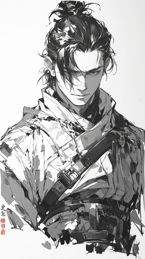 Samurai Sketch beautiful male Japanese Men Art, Fantasy Samurai Art, Male Assassin Art, Male Samurai Art, Japanese Man Drawing, Male Armor Design, Swordsman Reference, Male Character Design Sketch, Japanese Character Design Male