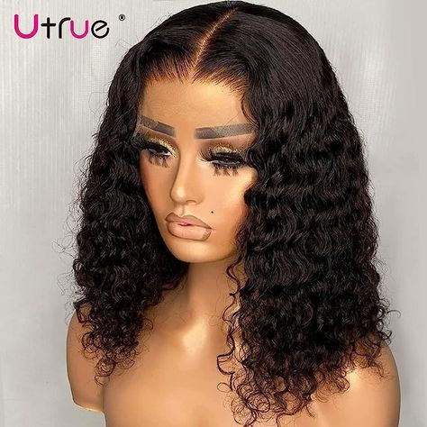 Virgin Hair Kinky Curly Wave Pre Plucked Lace Front Wigs With Baby Hair 150% Density Lace Wigs Deepwave Wig, Kort Bob, Curly Bob Wigs, Bob Lace Front Wigs, Human Hair Color, Natural Human Hair, Short Bob Wigs, Lace Closure Wig, Frontal Wig