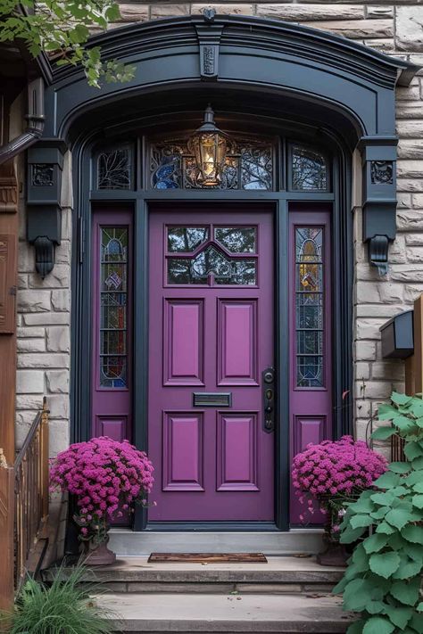 19 Front Door Ideas That Will Transform Your Home's First Impression | DIY Vibes Entrance Outside Ideas, Purple Entry Door, Diy Door Design Ideas, Exterior Door Decor, Front Door Upgrade Diy, Amazing Front Doors, Diy Door Painting Ideas, Cool Front Doors, Colorful Front Door Ideas