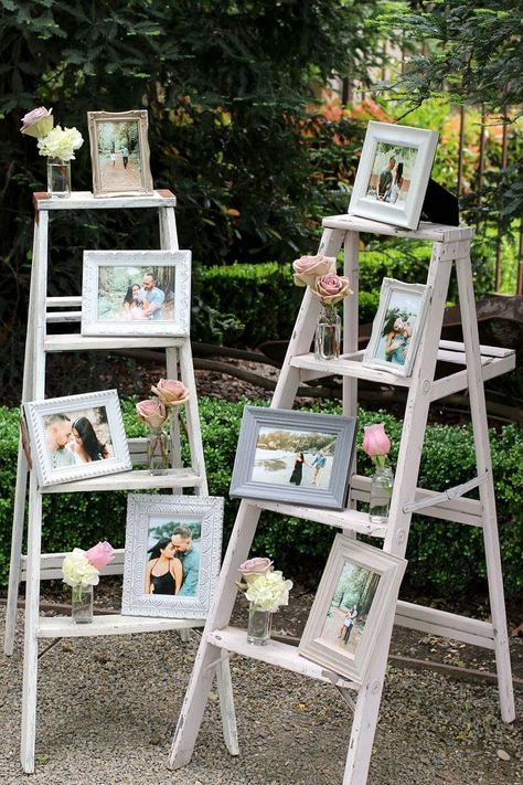 Ladder Photo Display, Wedding Decorations Stage, Photo Display Ideas, Ladder Wedding, Succulent Party, Ladder Ideas, Wedding Photo Walls, Wedding Photo Display, Teen Crafts