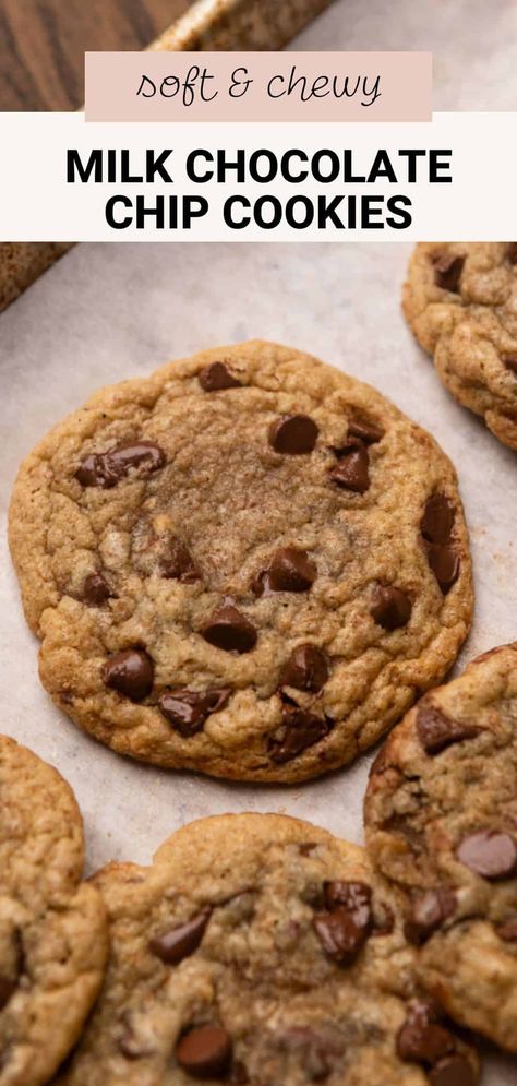 These milk chocolate chip cookies have perfectly soft and chewy centers, pools of melted chocolate, and crisp golden brown edges. They're made with creamy milk chocolate chips instead of semi-sweet, making them a little lighter and sweeter than your classic chocolate chip cookie recipe. Milk Chocolate Chip Cookies Recipes, Milk Chocolate Desserts, Milk Chocolate Chip Recipes, Choclate Chip Cookie Recipe, Soft Chocolate Chip Cookie Recipe, Organic Chocolate Chip Cookies, Soft Chocolate Chip Cookies Recipe, Classic Chocolate Chip Cookies Recipe, Classic Chocolate Chip Cookies