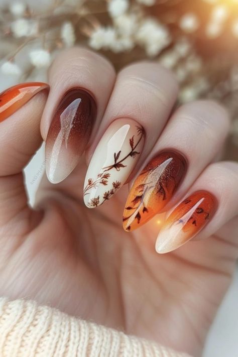 Autumn-themed manicure with gradient shades and leaf designs. Nails Fade Color, Pink And Brown Ombre Nails, Burgandy Ombré Nails, Autumn Almond Nails Design, Ombre Autumn Nails, Faded Nails Ombre, Dark Ombré Nails, Coffin Fall Nails Designs, Ombré Fall Nails