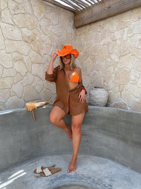 Cowboy Hat, Summer Outfit Orange Swimsuit #aesthetic #summerstyle #beachstyle Cowboy Hat And Swimsuit, Orange Swimsuit Aesthetic, Ranch Attire, Western Hat Outfit, Beach Hats Outfit, Hat Summer Outfit, Cowboy Hat Summer, Swimsuit Aesthetic, Vacation Fits