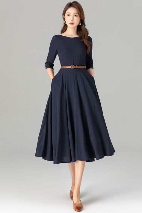 Winter Dresses Casual Modest, Modest Dresses Casual Trendy, Simple Modest Dresses Casual, Casual Navy Blue Dress, Fit And Flare Dress Casual, Modest Casual Dresses, Classy Modest Dresses, Classic Style Women Timeless, Modest Dress Outfits