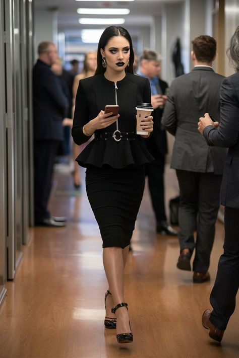 Dark Office Attire, Corporate Witch Outfit, Elegant Goth Aesthetic, All Black Corporate Outfit, Gothic Office Outfit Corporate Goth, Womens Outfits 2024, Business Goth Work Outfits, Office Goth Outfits, How To Be Goth