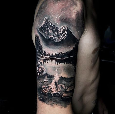 Winter Mountain Tattoo Ideas, Alaska Mountain Tattoo, Landscape Tattoo Sleeve, Wilderness Tattoo Women, Stream Tattoo, Campfire Tattoo, Hiking Tattoos, Mountain Tattoo Ideas, Alaska Tattoo