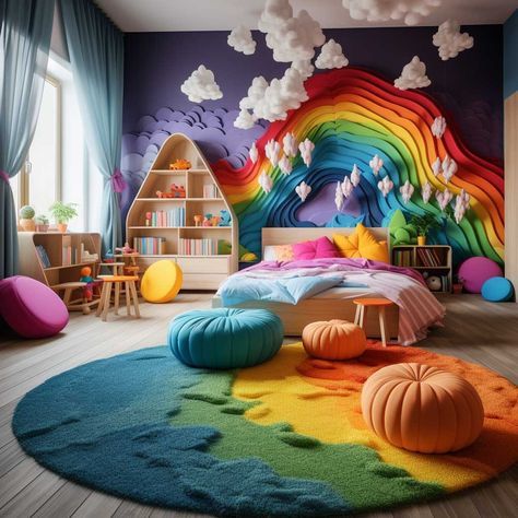 Fun Colorful Playroom, Rainbow Themed Bedroom Bunk Beds, Rainbow Loft Bedroom, Rainbow Mural Playroom, Rainbow Kids Room Wallpaper, Rainbow Themed Bedroom, Rainbow Themed Room, Kids Bedroom Themes, Wallpaper Childrens Room Rainbow