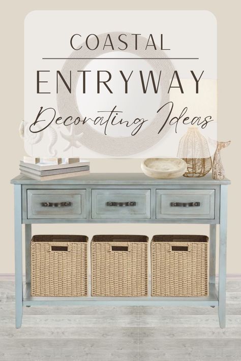 Check out these awesome coastal entryway decorating ideas! The beach decor is perfect for a beach house entryway. The neutral coastal entry table decor would match any aesthetic and goes especially well with this adorable blue entryway table! Coastal Beach House Entryway Ideas | Coastal Entryway Table Decor Coastal Wall Art Entryway, Modern Beach House Entryway, Coastal Entryway Table Decor, Coastal Foyer Ideas Entryway, Coastal Entryway Ideas Front Entry, Beachy Entryway Ideas, Entryway Ideas Coastal, Coastal Foyer Entryway, Blue Entryway Table