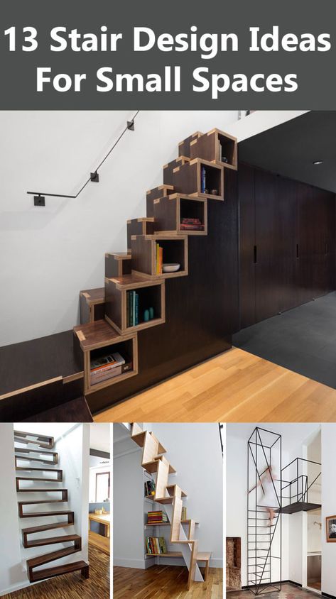 13 Stair Design Ideas For Small Spaces Stair Design Ideas, Small Space Stairs, Stair Shelves, Loft Staircase, Small Staircase, Loft Stairs, Escalier Design, Floating Stairs, Casa Container