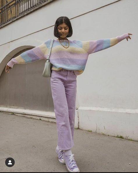 Pastel Jeans Outfit, Bright Pastel Outfits, Pastel Colors Aesthetic Outfit, Pink And Purple Outfit Aesthetic, Comfy Pastel Outfits, Pastel Soft Aesthetic Outfits, Pastel Danish Outfit, Pastel Color Outfit Ideas, Colorful Cozy Outfits