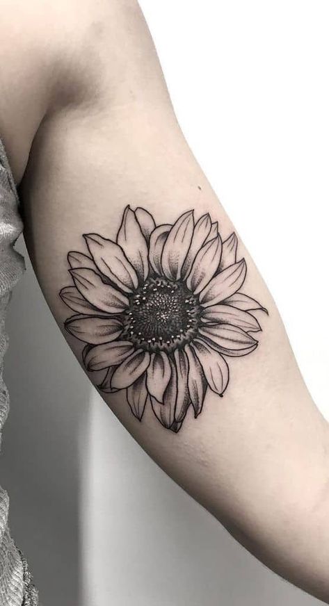 medium-sized black and grey tattoo on woman's forearm of realistic sunflower with white highlights Black And Grey Sunflower Tattoo, Sunflower Tattoo Thigh, Sunflower Tattoo Sleeve, Sunflower Tattoo Shoulder, Muster Tattoos, Inspiration Tattoos, Sunflower Tattoos, Full Sleeve Tattoos, Sunflower Tattoo Design