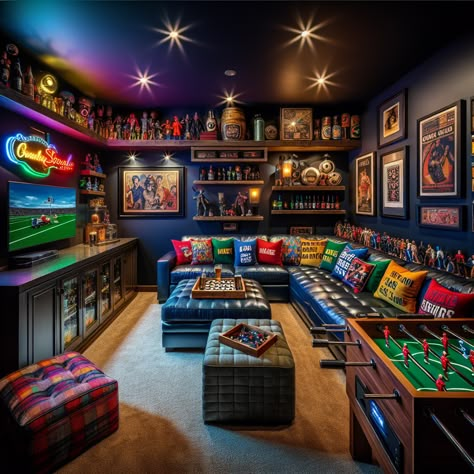 Suburban basement turned eclectic man cave with a huge TV, vintage memorabilia, mini bar, and arcade games. Decor includes quirky throw pillows, iconic posters, and neon signs, complete with a comfortable leather couch and cozy atmosphere. #Mancave #BasementDesign #RetroDecor #GameRoom #HomeBar #SportsDen Gaming Library Room, Eclectic Gaming Room, Nerd Man Cave, Man Cave Gaming Room, Man Cave Game Room Ideas, Men’s Game Room, Game Room Colors, Arcade Room In House, Gamer Basement