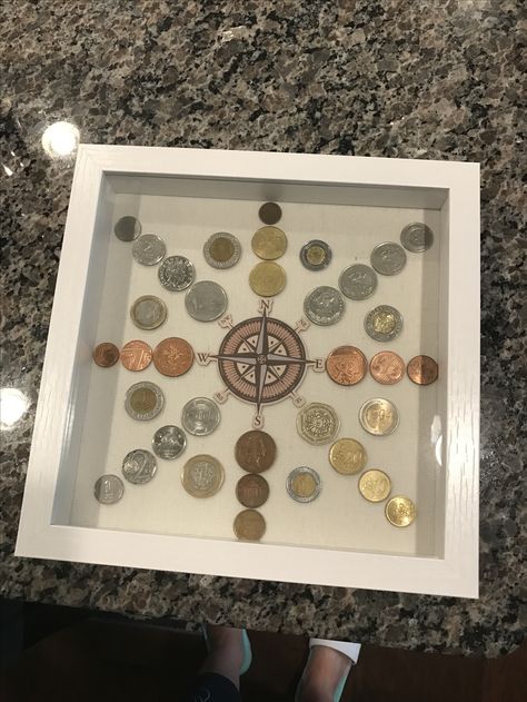 Old Coin Display Ideas, Displaying Money From Around The World, Coin Frame Display Ideas, Foreign Money Display Ideas, Coin Art Ideas Diy, Old Coins Craft Ideas, Coin Art Ideas, Coin Art Diy, Pressed Penny Display Ideas