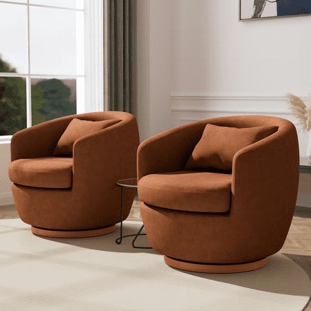 Add a unique and attractive touch to your home with this stylish modern orange Swivel Barrel Chair. Featuring a high backrest, thick cushions, and armrests, this chair is filled with soft high-density foam and is ergonomically designed to embrace your body and provide exceptional comfort. The solid 360-degree swivel metal base ensures stability, preventing any loosening or shaking over time. It's the perfect addition to your bedroom, living room, nursery room, office, or reading room, bringing b Barrel Accent Chairs In Living Room, Brown Swivel Chair Living Rooms, Office Lounge Chair, Accent Chairs For Bedroom, 80s Home Decor, Livibg Room, Brown Swivel Accent Chairs, Modern Leather Swivel Chair, Orange Swivel Chair