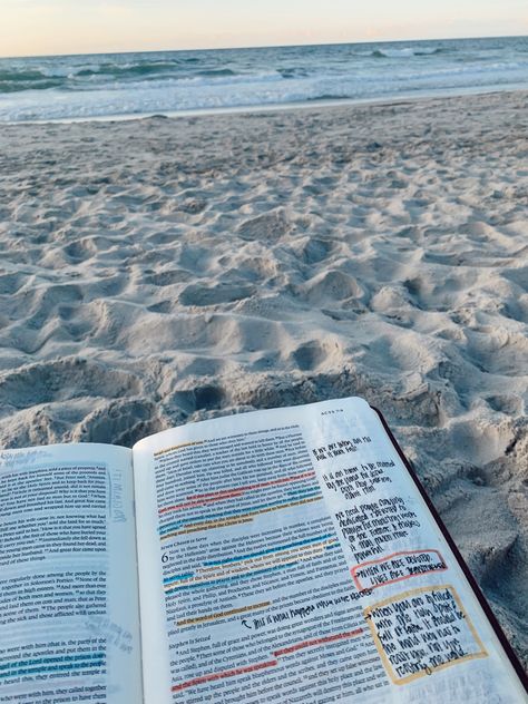 Beachy Vision Board, Bible Asethic Picture, Aesthetic Bible Picture, Beach Bible Verses, Bible Astetic, Summer Aesthetic Christian, School On The Beach, Study On The Beach, Bible Study Pictures