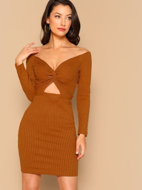 Twist Knot Front Cut Out Bardot Rib Knit Dress -SheIn(Sheinside) Twist Front Sweater Dress, Ribbed Knit Mini Bodycon Dress, Fitted Ribbed Brown Dress, Twist Knot Dress, Brown Ribbed Knit Dress, Rib Knit Dress Pregnant, Rib Knit Dress, Criss Cross Dress, Off The Shoulder Long Sleeve