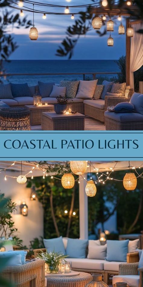 Discover the best lighting solutions for a coastal patio design with inspiration from two stylized images showcasing string lights and lanterns. Coastal Inspired Kitchens, Patio Lighting Ideas, Patio Edging, Solar Patio Lights, Coastal Patio, Hidden Lighting, Fire Pit Lighting, Beachy Aesthetic, Patio String Lights