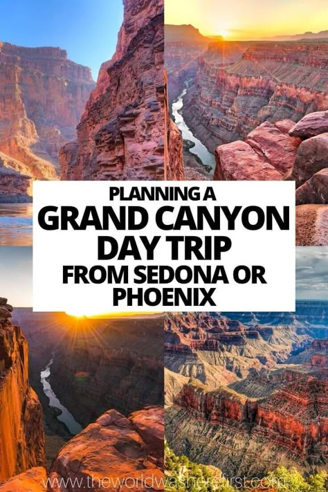 Grand Canyon One Day Trip, Travel Grand Canyon, Road Trip From Phoenix To Grand Canyon, Sedona Grand Canyon Itinerary, Sedona And Grand Canyon Itinerary, Phoenix To Grand Canyon Road Trip, Grand Canyon Trip Planning, Grand Canyon Day Trip, Grand Canyon Restaurants