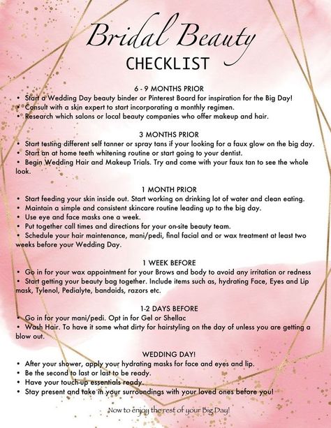 Bridal Tips And Tricks, Bride Must Haves Products, Bride Things To Do Before Wedding, Bridal Beauty Tips, Parties Before The Wedding, Wedding Preparation Checklist Bridal Beauty, Wedding Glow Up Checklist, Wedding Tips For Bride, Bride Preparation Tips