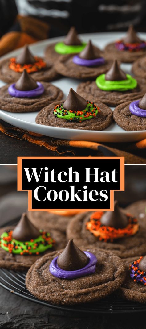 Soft chocolate cookies topped with a Hershey's kiss, frosting, and sprinkles, these Witch Hat Cookies are an easy Halloween dessert the entire family will love. Ready in just 30 minutes! Witch Hat Treats, Bake Halloween, Desserts Halloween, Witchs Hat, Cookies Fruit, Soft Chocolate Cookie, Witch Hat Cookies, Pasteles Halloween, Cake Pumpkin