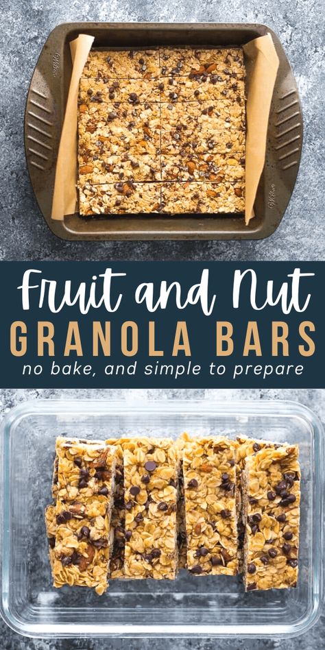 No-bake fruit and nut granola bars are an easy snack to meal prep for your work week! Made with pantry staples, and bursting with flavor thanks for the dried cranberries and blueberries! Fruit And Nut Granola, Nut Granola Bars, Fruit Granola Bars, Almond Butter Snacks, Gluten Free Meal Prep, Chocolate Granola Bars, Study Snacks, Fruit And Nut Bars, No Bake Granola Bars