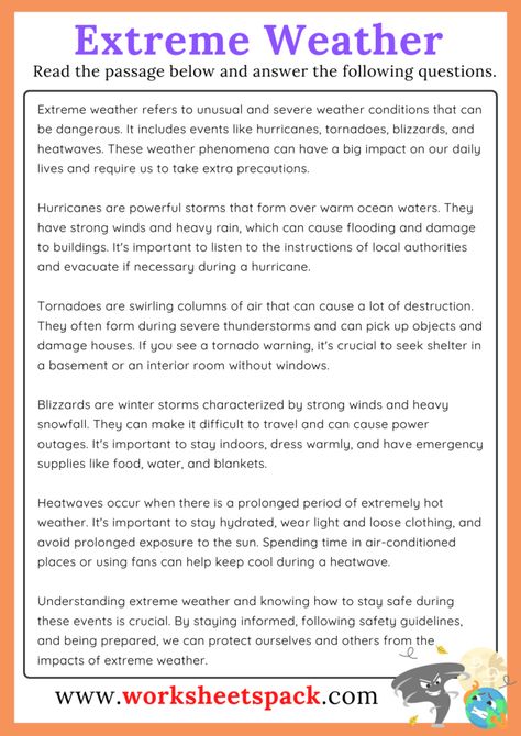 Extreme Weather Reading Comprehension Passage - worksheetspack Weather Reading Comprehension, Reading Comprehension Passages Free, 5th Grade Reading Comprehension Passages, 3rd Grade Reading Comprehension Worksheets, Animals Reading, Family Worksheets, Wallpaper 2022, Story Reading, Reading Comprehension For Kids