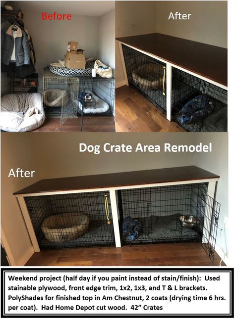 Cat Crate Furniture, Dog Kennel Small Space, Storage On Top Of Dog Crate, Discreet Dog Crate, Space Saving Dog Crate Ideas, Dog Crate Cleaning, Dog Crate Storage Ideas, Dog Crate In Camper, 2 Dog Crate Ideas