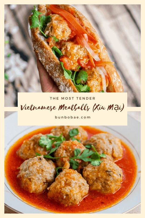 These versatile pork and shrimp meatballs are melt in your mouth tender. Fresh tomatoes make for a savory and tangy sauce, and diced jicama lend a subtle crunch. Xiu Mai Recipe Vietnamese Food, Vietnamese Tet Recipes, Vietnamese Xoi Recipe, Pork And Shrimp Recipes, Vietnamese Meatball Soup, Vietnamese Christmas Food, Xiu Mai Recipe, Vietnamese Meatloaf, Vietnamese Recipes Authentic