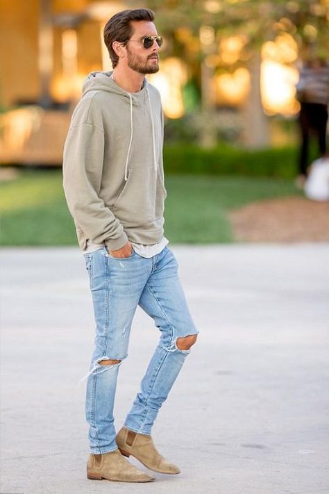 Scott Disick wearing Ksubi Van Winkle Jeans in Non Cents, John Elliott Kake Mock Pullover and Saint Laurent Tan Suede Chelsea Boots Tan Suede Chelsea Boots, Olive Hoodie, Chelsea Boots Men Outfit, Chelsea Boots Outfit, Boots Men Outfit, Boots Outfit Men, Urban Wear Women, Herren Style, Scott Disick