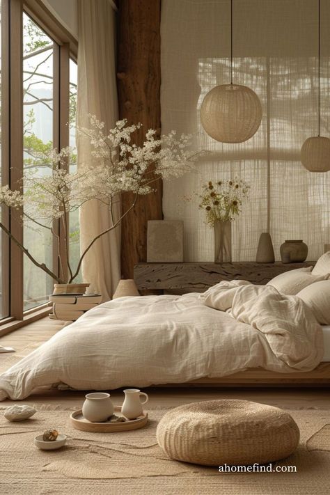 Nature Minimalist Bedroom, Japanese Aesthetic Apartment, Bed By The Window Ideas, Japandi Boho Bedroom, Japandi Accent Wall, Japanese Scandinavian Interior Bedroom, Large Bedroom Design, Japanese Interior Design Minimalist, Japandi Interiors Bedroom