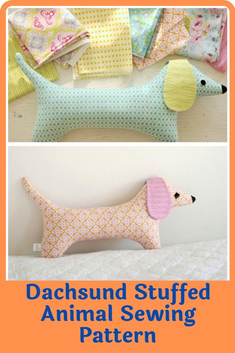 Dachsund lovers, here is a new way to express your love for this cute dog breed. This 10-page pattern allows you to make dachshund dog dolls complete with their floppy ears, long bodies and short legs with some eyelashes to make the complete doll extra cute. You can place the irresistible pups on plain tables to add soft spots to your décor or make them as wall and door hangings. #dogsewingpatterns#stuffedanimalpatterns#kidstoypatterns#sewingtoypatterns#stuffedtoypatternsstuffeddogpatterns Homemade Kids Toys, Stuffed Animal Sewing, Dog Sewing, Dog Sewing Patterns, Dachshund Pattern, Door Hangings, Soft Toy Patterns, Dog Doll, Girls Dress Sewing Patterns