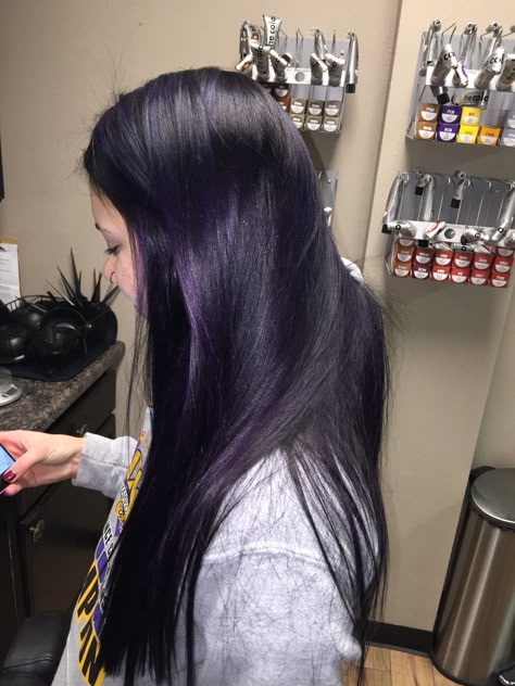 Color+cut+style. Hair by Sam S. Purple Tinted Black Hair, Dark Purple Hair Pale Skin, Purplish Black Hair, Really Dark Purple Hair, Dark Hair Purple Undertone, Black Hair With Purple Undertones, Dark Hair With Purple Underneath, Dark Black Purple Hair, Purple Black Hair Color