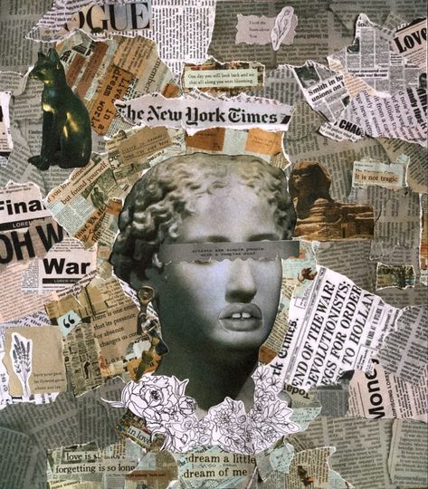 Abstract Newspaper Art, Newspaper Art Aesthetic, Justice Collage Art, Newspaper Collage Art Ideas, News Paper Collage, Newspaper Collage Art, Collage Newspaper, Female Book Characters, Newspaper Painting