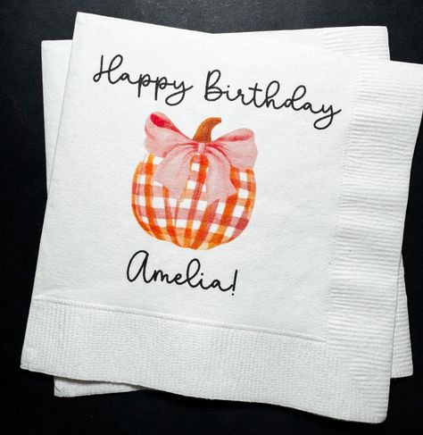 These adorable cocktail napkins are perfect for that Pumpkin Birthday Party, or Happy Birthday Little Pumpkin or Little Pumpkin Turning One pink pumpkin bow themed birthday you are planning! These 3 ply cocktail napkins come in sets of 25, are approximately 5x5, and are printed with design and wording as shown. They are also available in luncheon or dinner size, which you can purchase by choosing this option in checkout, along with the quantity of sets you need. Please note these napkins do not come personalized, and there are no other customization options at this time. If you have any questions about this item, please contact seller before ordering. Please also take special attention to production time and make sure and put your event date into notes when ordering.FAQ: -How many napkins First Pumpkin Patch Birthday, Pink And Orange Pumpkin Party, One Year Old Pumpkin Birthday Party, Pumpkin Birthday Party Food, Fall 1st Birthday Party Ideas, Girl First Birthday Party Ideas Fall, One Little Pumpkin Birthday Girl, Fall One Year Birthday Party Girl, November 1st Birthday Girl