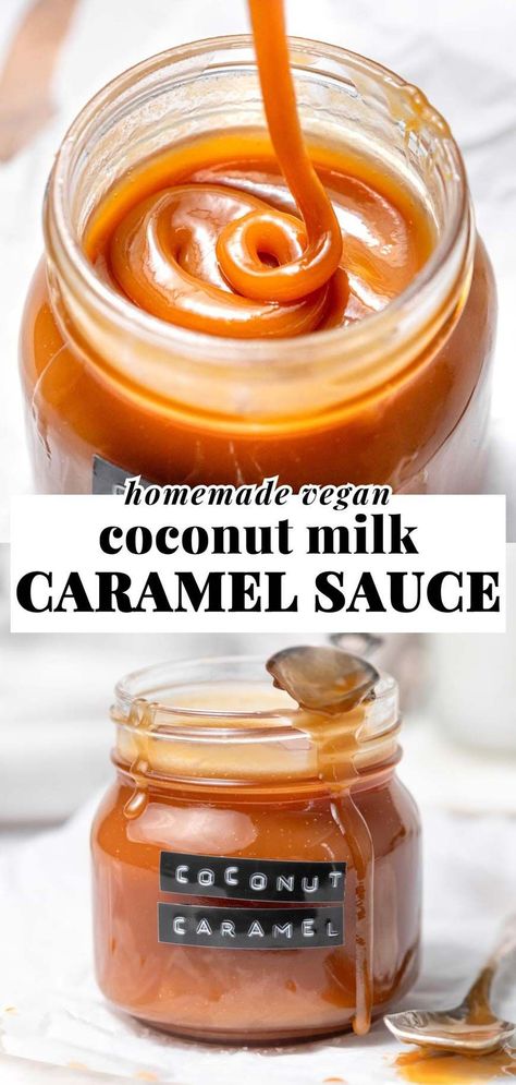 This easy and simple vegan caramel sauce only uses 4 ingredients. Made with coconut milk or coconut cream, vanilla, cane sugar and salt! Drizzle this creamy dairy free caramel on top of ice cream, apple slices, fruit, coffee drinks, lattes or even popcorn. Add an extra sprinkle of flaky salt on top for a rich, creamy, caramelized treat. Vegan, dairy free and gluten free. Dairy Free Caramel Recipe, Coconut Cream Caramel Sauce, Dairy Free Salted Caramel Sauce, Carmel Sauce Non Dairy, Easy Vegan Caramel Sauce, Dairy Free Caramel Dip, Coconut Sugar Caramel Sauce, Simple Vegan Gluten Free Recipes, Vegan Salted Caramel Sauce