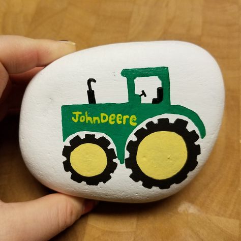 Tractor Painted Rocks, How To Paint A Tractor, Country Rock Painting Ideas, Farm Rock Painting, Farm Painted Rocks, Tractor Painting Easy, Tractor Painting, Small Rock Painting Ideas, John Deere Crafts