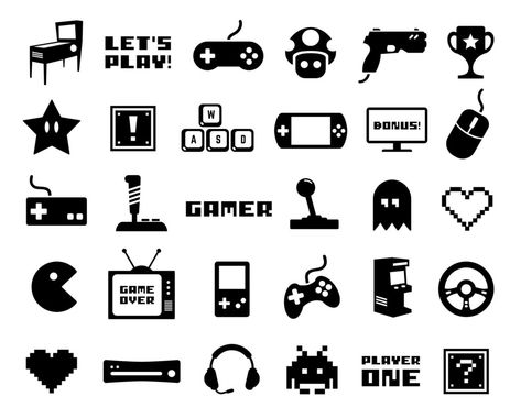 Retro Game Tattoo, Gaming Vector Art, Video Game Tattoo Ideas For Men, Gamer Icons Logo, Video Game Svg, Game Icon Logo, Gaming Logo Icon, Game App Icon, Video Game Icons