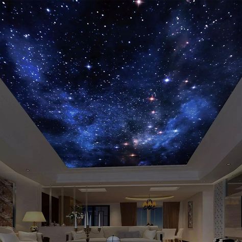 Night Sky Bedroom Ceiling Stars, Starry Sky Painted Ceiling, Galaxy False Ceiling, Night Sky Ceiling Wallpaper, Night Sky Wallpaper On Ceiling, Night Sky Lighting, Space Ceiling Light, Starry Sky Bedroom Ceiling, False Ceiling Stars Design