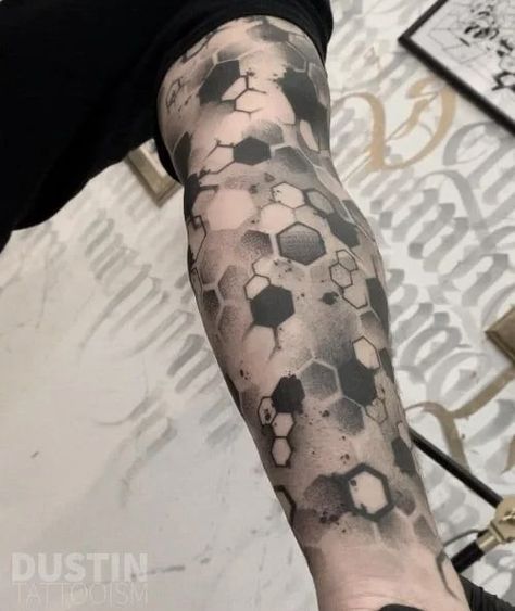 350 Best Tattoo Ideas for Men in 2023 - The Trend Spotter Best Tattoo Ideas For Men, Geometric Tattoo Sleeve Designs, Hexagon Tattoo, Tech Tattoo, Honeycomb Tattoo, Tattoo Sleeve Filler, Cyberpunk Tattoo, Geometric Sleeve Tattoo, Abstract Tattoo Designs